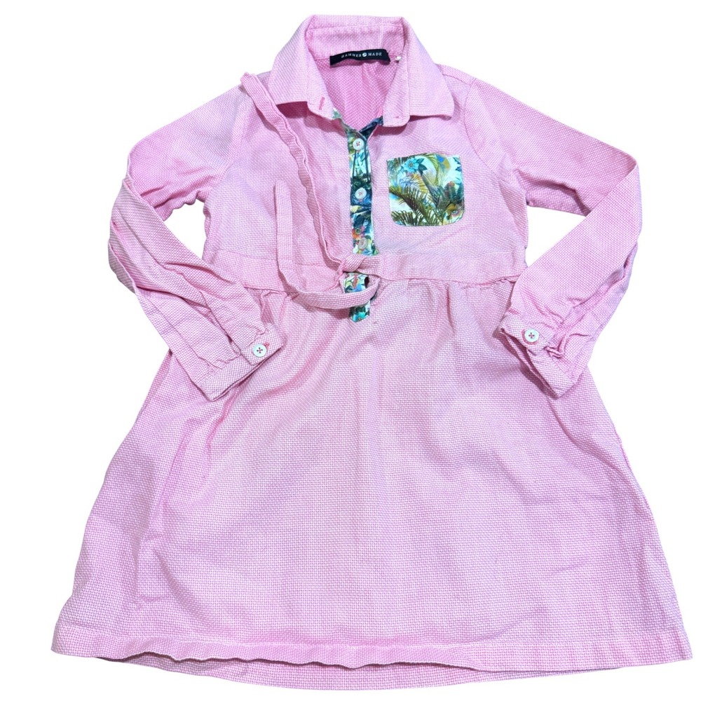 Girls Pink‎ Textured 100% Cotton Tropical Accent Button Up Preppy Dress Sz 5/6